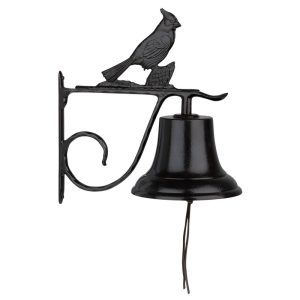 Bell with cardinal ornament — cast aluminum bell with cardinal figure on top and wall-mount bracket