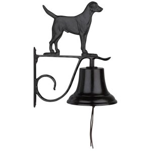 Bell with Black Lab ornament cast aluminum bell in black finish mounted on a bracket for porch or garden use
