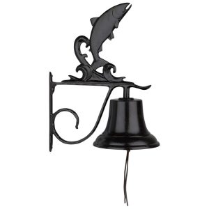 Bell with trout ornament cast aluminum bell with trout silhouette on a 13-inch wall-mount bracket, black finish