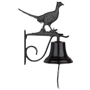 Bell with pheasant ornament cast aluminum farm bell with black powder-coated finish and pheasant topper on wall-mount bracket