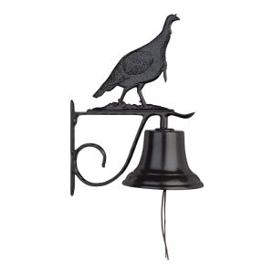 Wild tom turkey bell ornament in black powder-coated cast aluminum mounted on a 13-inch wall bracket