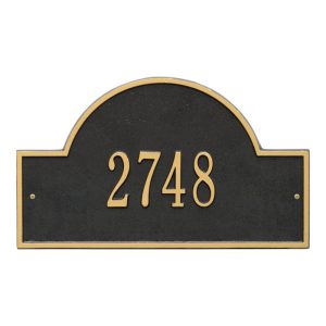Arch Marker wall address sign shown mounted on an exterior wall, cast aluminum with arched top