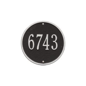 Round 9 inch wall address plaque cast aluminum circular sign mounted on exterior wall, one line of characters