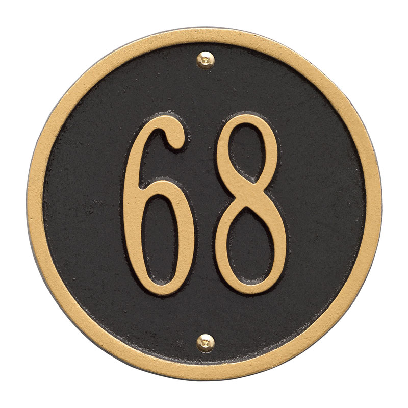 Round – 6″ Diameter Wall – One Line Round 6-inch wall address plaque cast aluminum circle mounted on exterior wall showing one line of house numbers