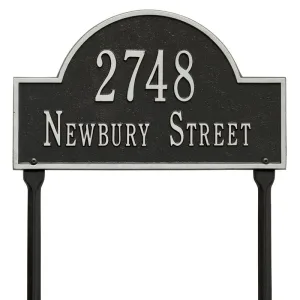 Arch Marker standard lawn two line cast aluminum address plaque shown with arch silhouette and two personalized text lines