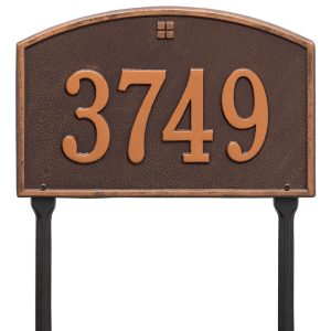 Cape Charles standard lawn one line address plaque with arched top and cast house numbers, shown on a lawn stake