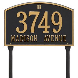 Cape Charles standard lawn two line plaque shown mounted on lawn stakes with arched top and emblem detail