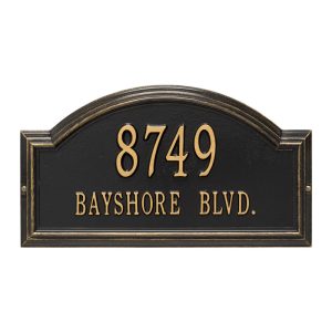 Providence Arch standard wall two line recycled aluminum address plaque with arched profile mounted on an exterior wall